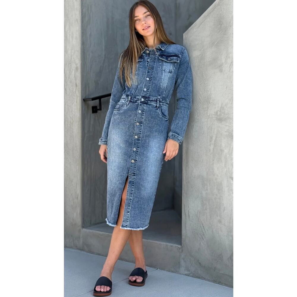 WashLab Piece Dyed Blue Denim Button Up Pocket Frayed Slit Hem Dress Size XS